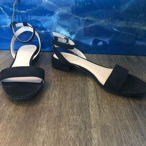 Black suede ankle strap heeled sandals